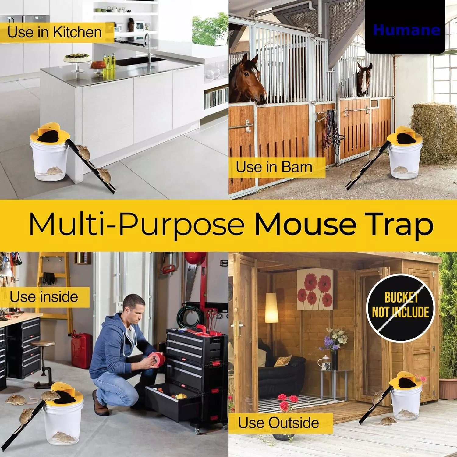 flip & slide bucket lid trap multiple purpose mouse trap, for use in barn, kitchen, inside garage, & outdoors