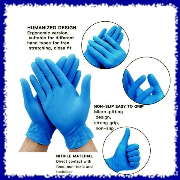 Blue gloves with ergonomic design, non-slip grip, and nitrile material on a white background.