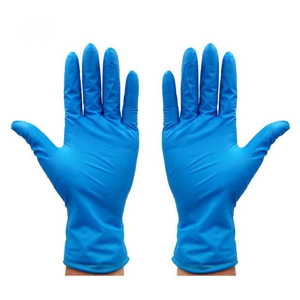 Pair of blue nitrile exam gloves on a white background