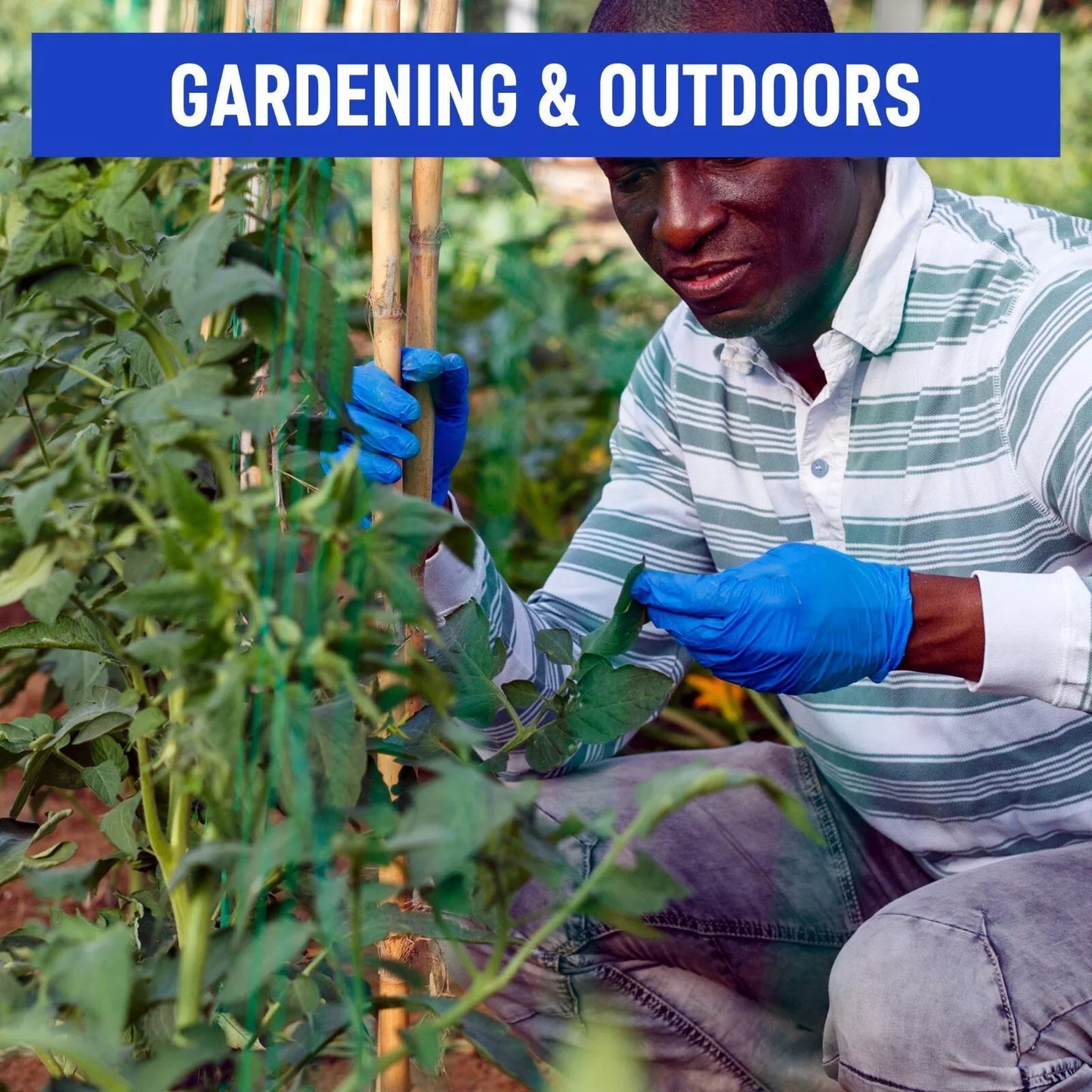 Person gardening wearing blue nitrile gloves with text 'Gardening & Outdoors' at the top