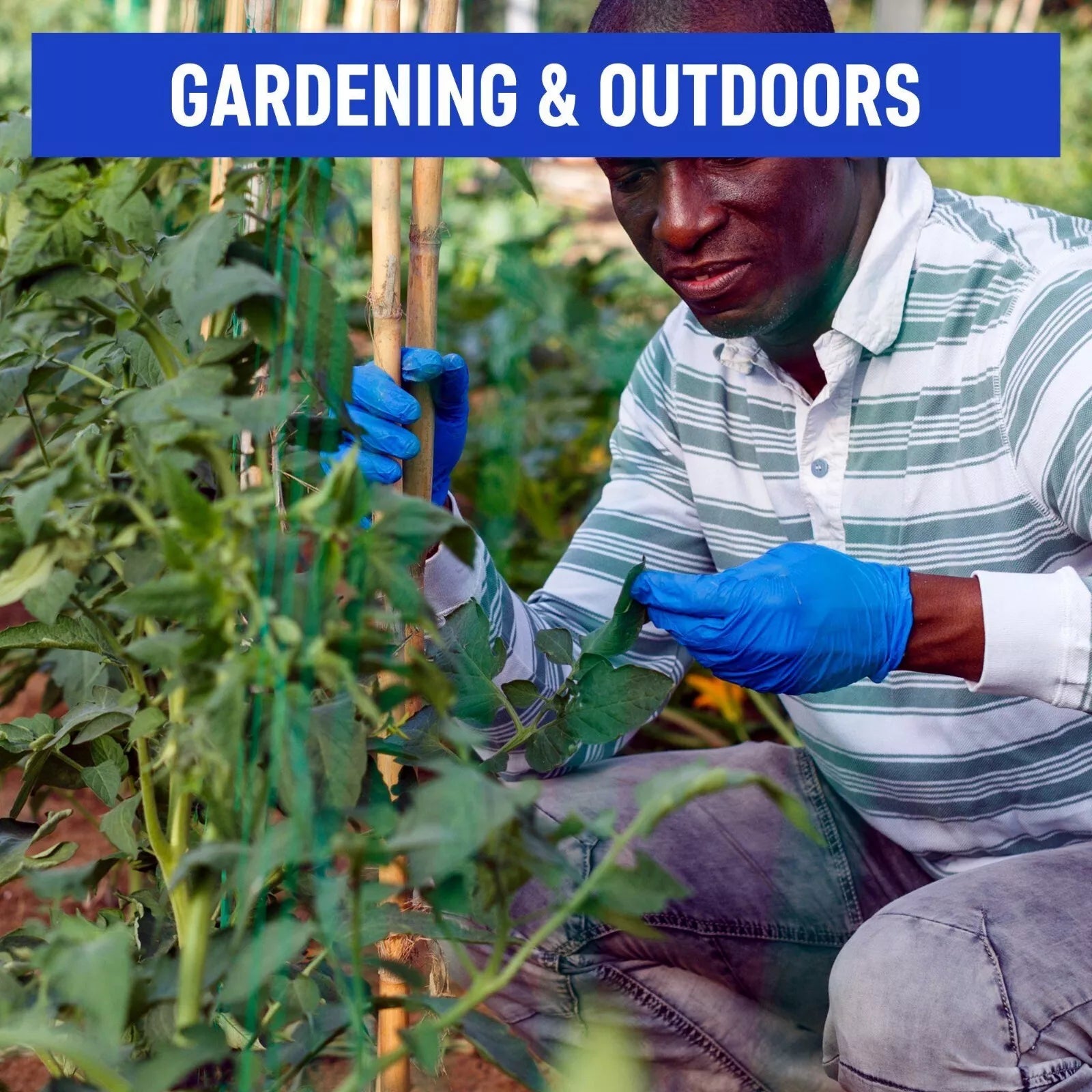 Person gardening wearing blue nitrile gloves with text 'Gardening & Outdoors' at the top