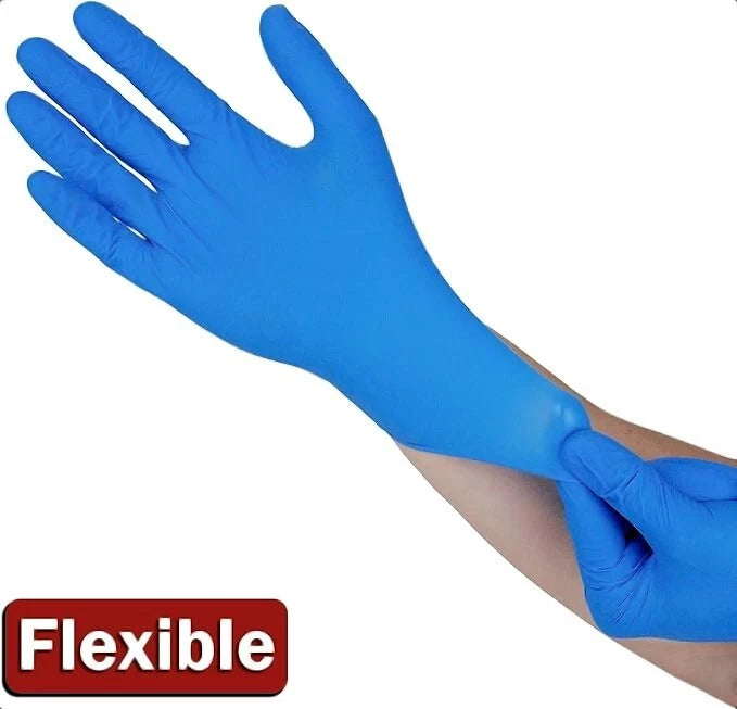 Blue disposable nitrile exam glove with 'Flexible' label on a white background