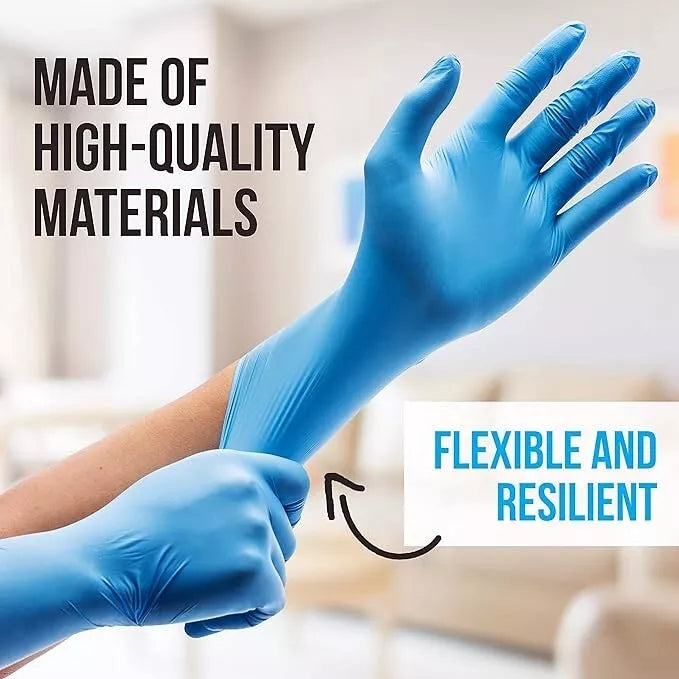 Blue nitrile exam gloves being worn with text highlighting high-quality materials and flexibility.