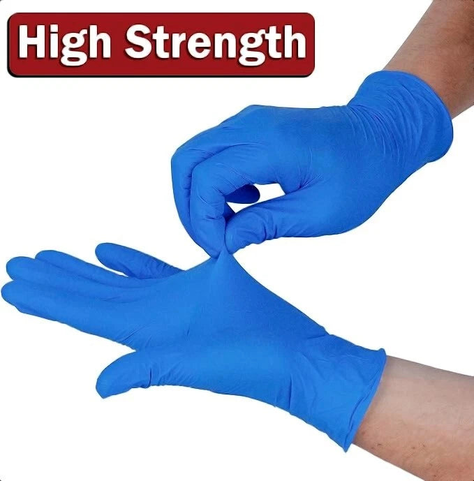 Blue nitrile exam gloves with 'High Strength' label on a white background