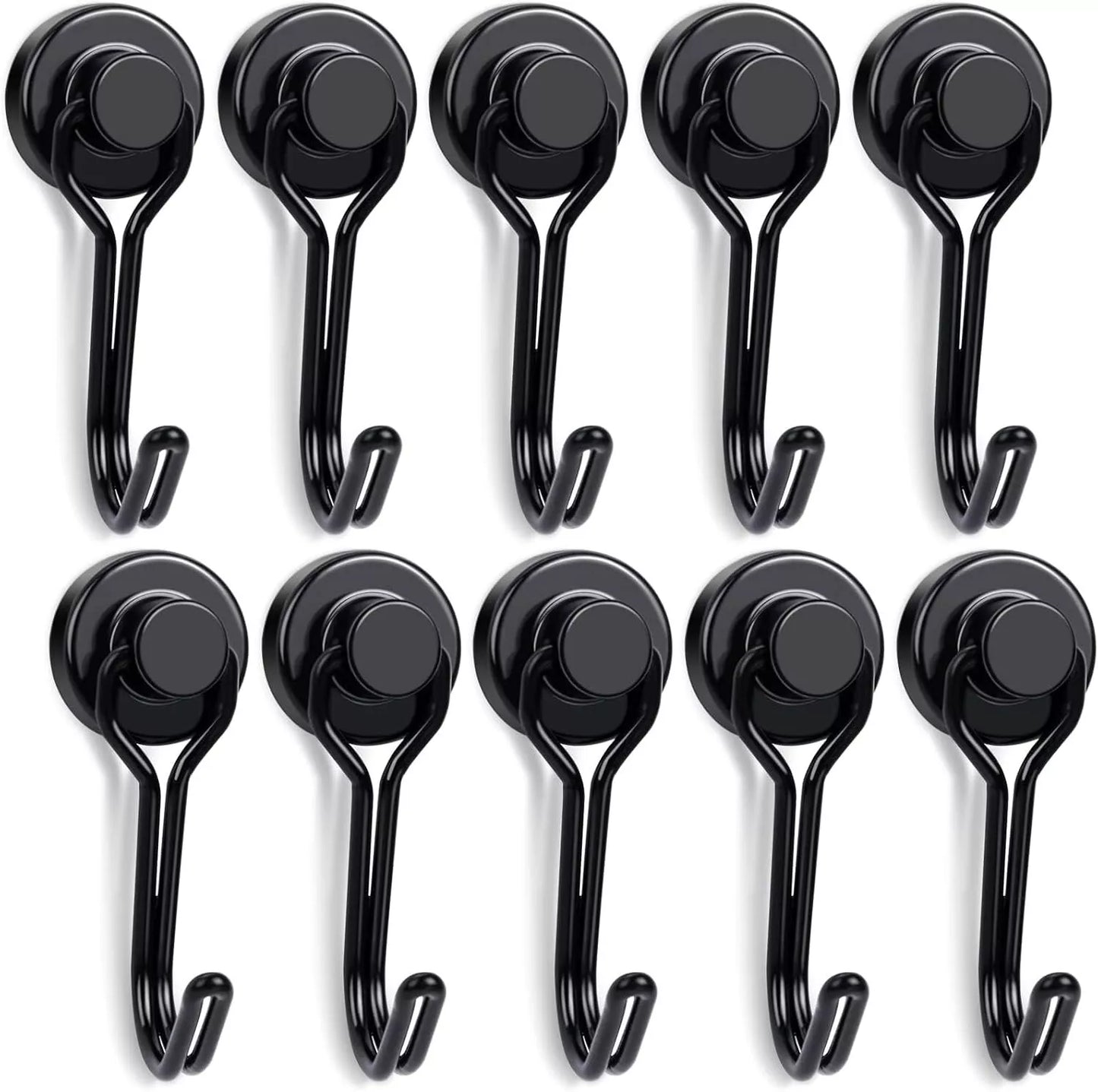 A set of black neodymium earth magnets with a swivel swing hook attached, designed for kitchen organization.