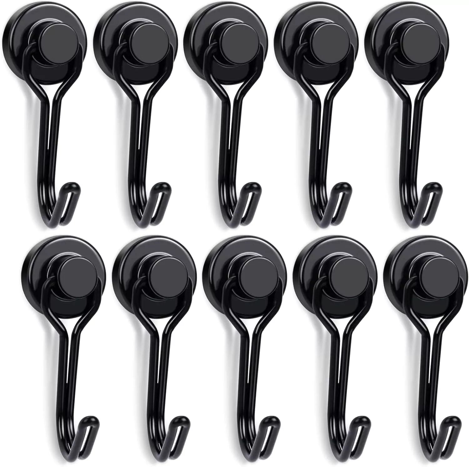 A set of black neodymium earth magnets with a swivel swing hook attached, designed for kitchen organization.