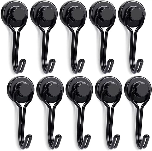 A set of black neodymium earth magnets with a swivel swing hook attached, designed for kitchen organization.