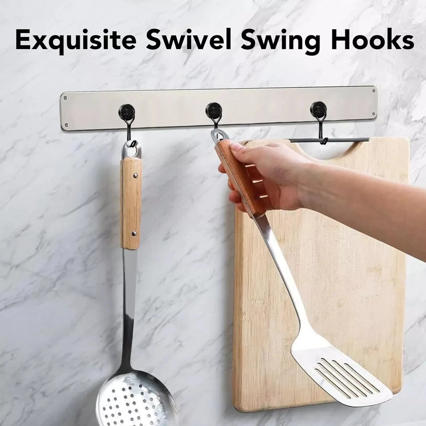 Swivel swing hooks holding a spatula and cutting board on a marble background.
