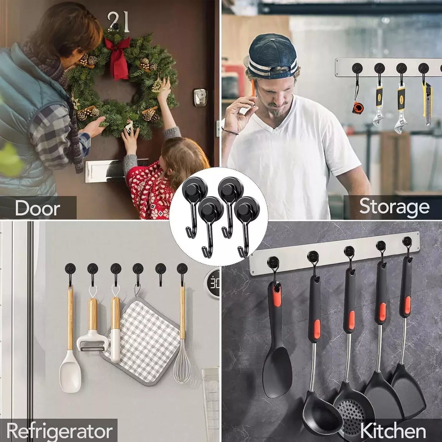 Collage of hooks used on a door, for storage, and in a kitchen.