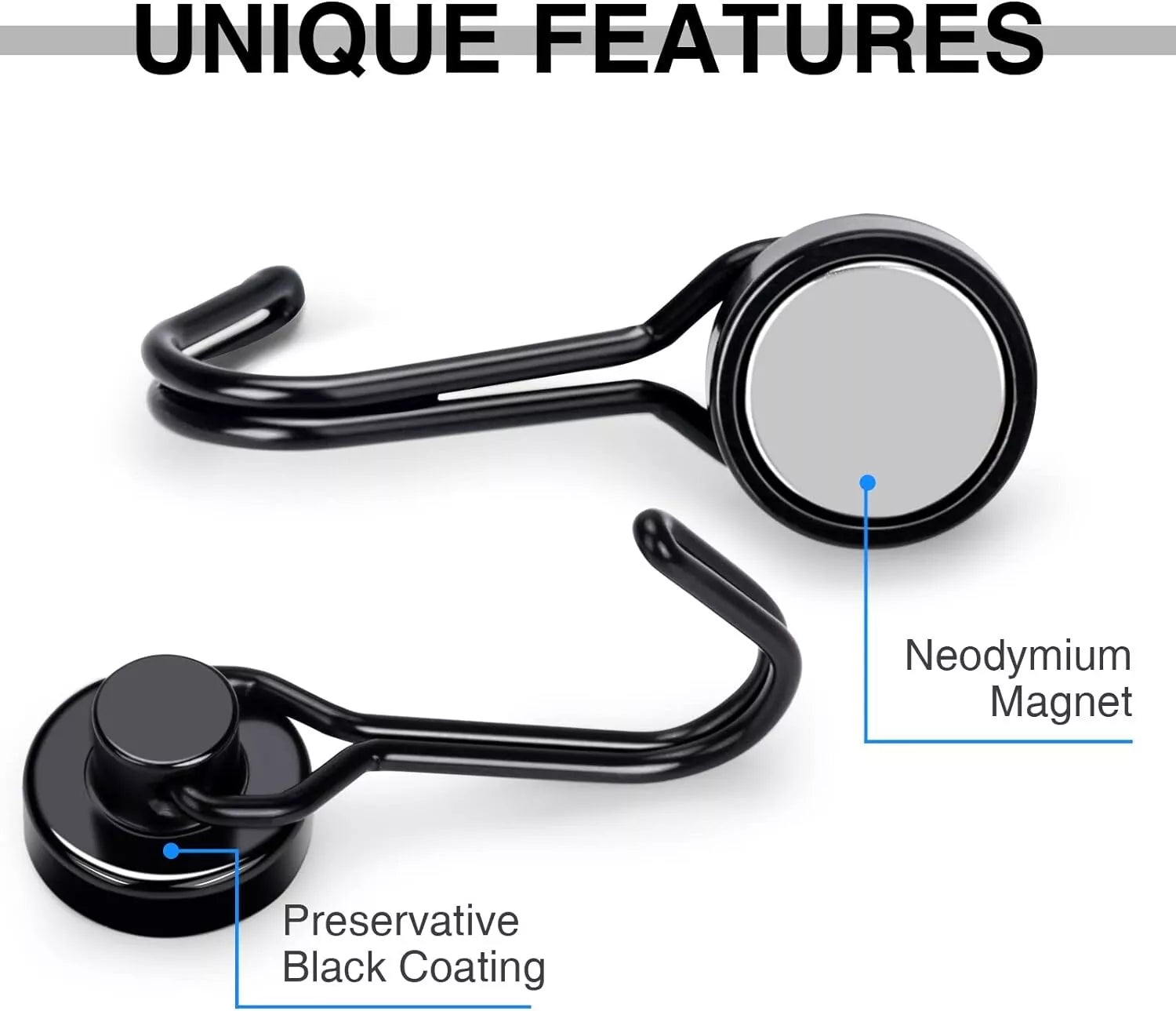 Black magnetic hooks with preservative black coating and neodymium magnet feature.