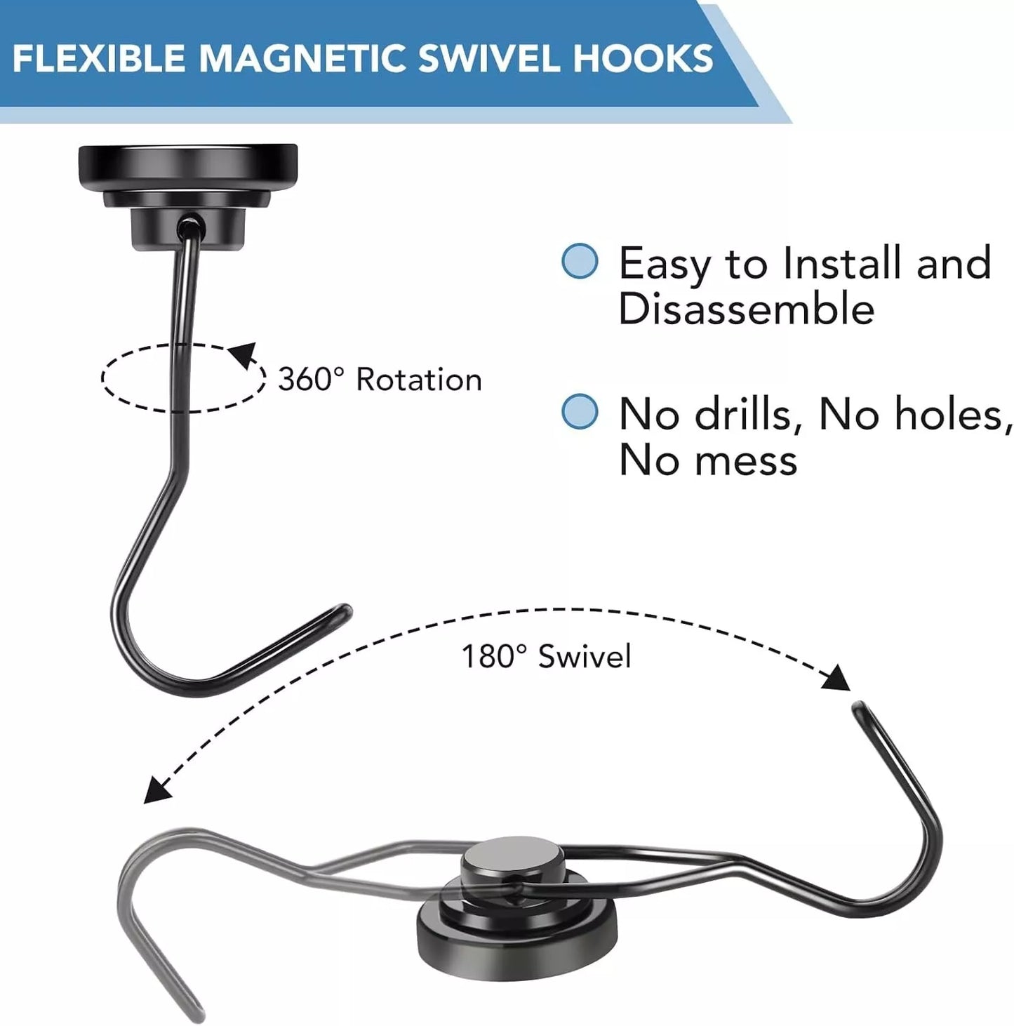 Black flexible magnetic swivel hooks with features listed on a white background