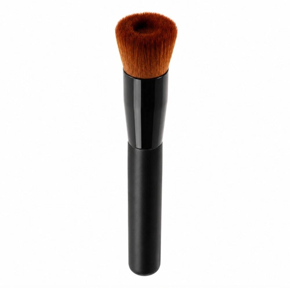 A makeup brush with a black handle and warm brown bristles, shown vertically against a plain white background.