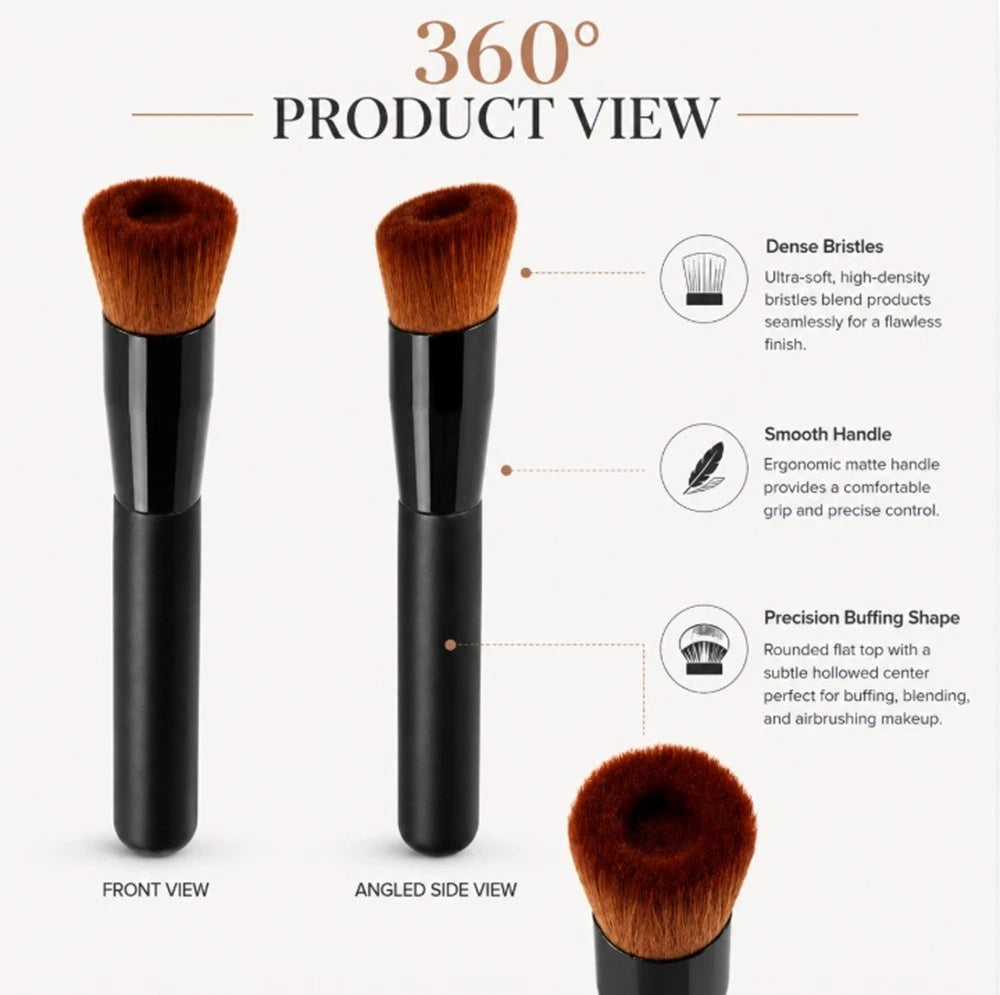 A product information graphic for a makeup brush showing front and angled side views, with text describing dense bristles, smooth handle, and precision buffing shape on a light background.