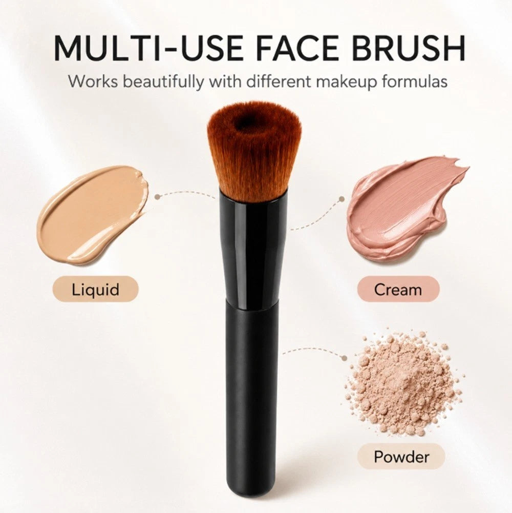 A black-handled multi-use makeup face brush with brown bristles, centered on a light background with makeup swatches and text reading 'MULTI-USE FACE BRUSH,' 'Works beautifully with different makeup formulas,' 'Liquid,' 'Cream,' and 'Powder.'.