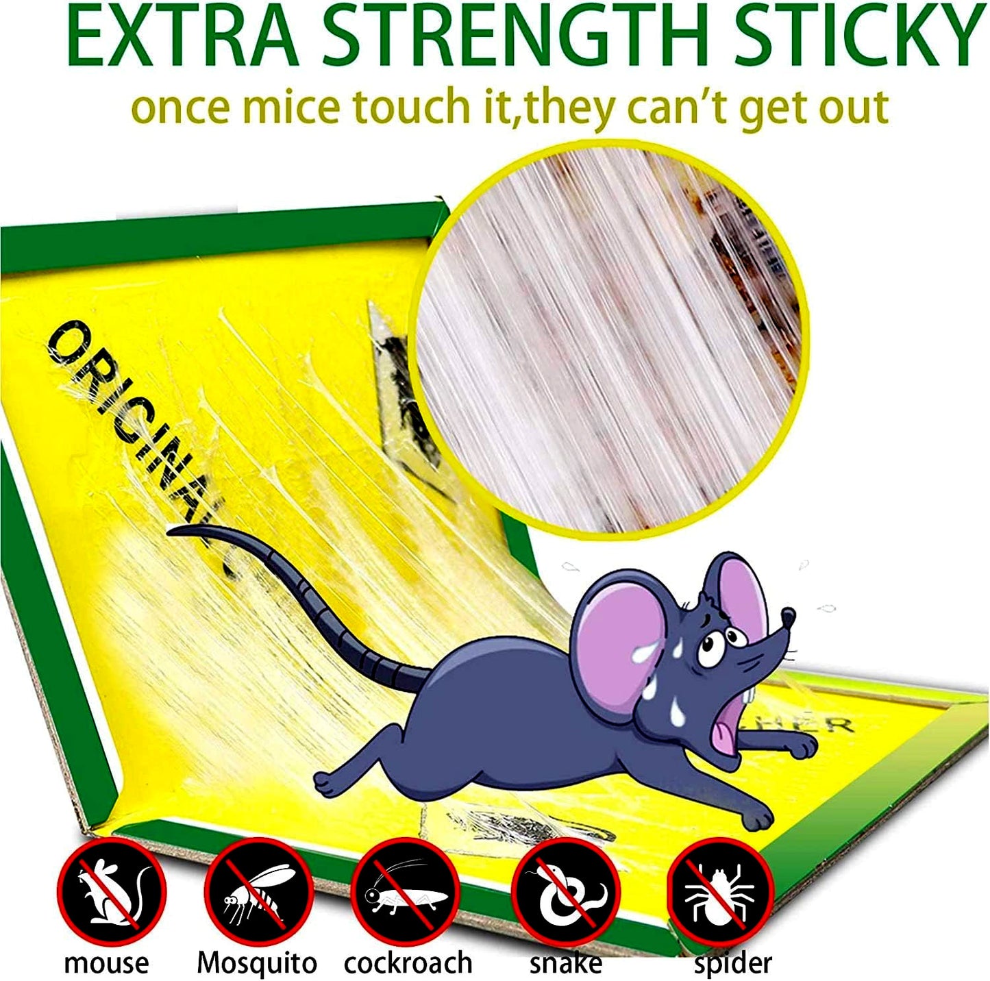 An advertisement image for a yellow sticky glue trap with a cartoon mouse illustration and icons indicating the product's effectiveness against mice, mosquitoes, cockroaches, and spiders. The text emphasizes the extra strength stickiness of the trap. Also shows the trap is effective with catching insects, cockroaches, snakes, and spiders.