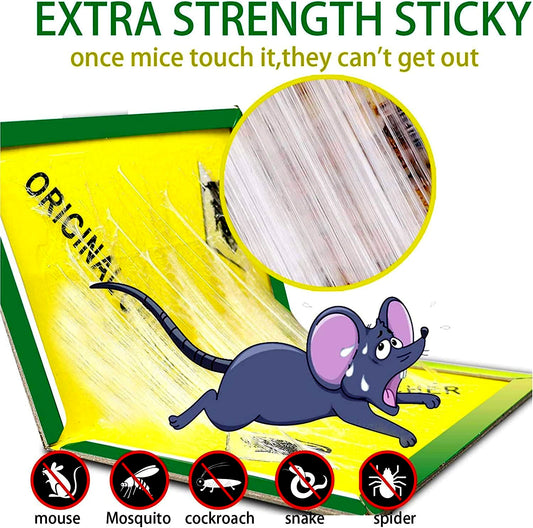 An advertisement image for a yellow sticky glue trap with a cartoon mouse illustration and icons indicating the product's effectiveness against mice, mosquitoes, cockroaches, and spiders. The text emphasizes the extra strength stickiness of the trap. Also shows the trap is effective with catching insects, cockroaches, snakes, and spiders.