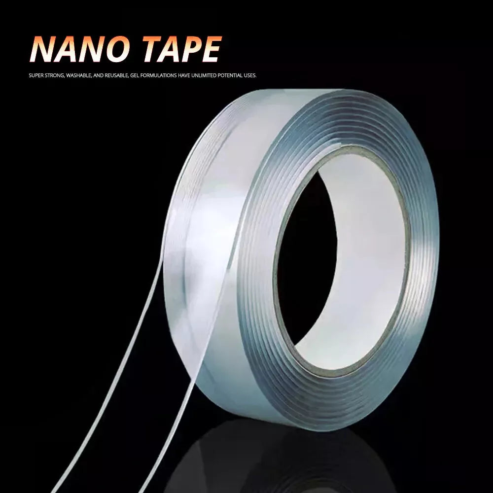 A roll of clear double sided ALIEN NANO TAPE, super strong, washable, reusable, gel formulation with unlimited potential uses