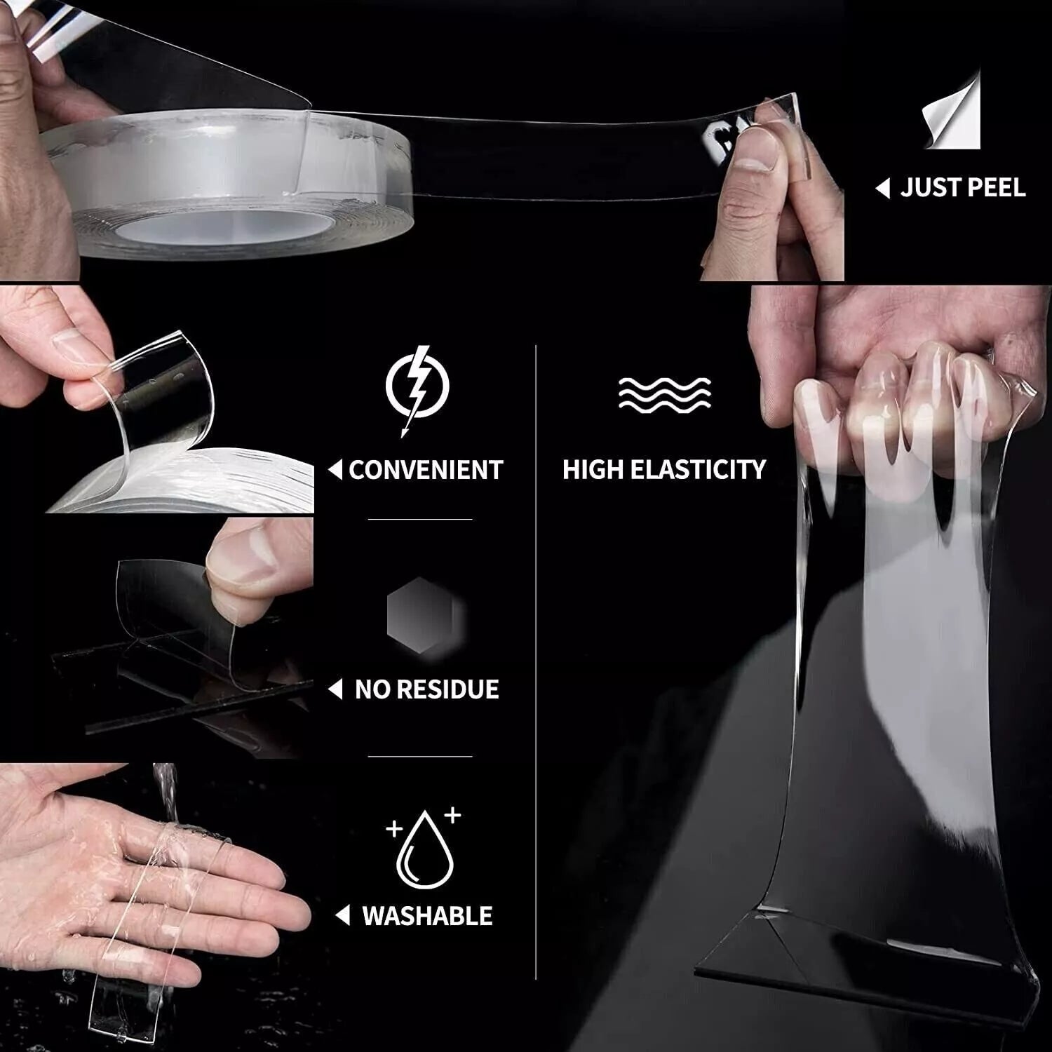 Transparent adhesive strip with demonstration and features listed.