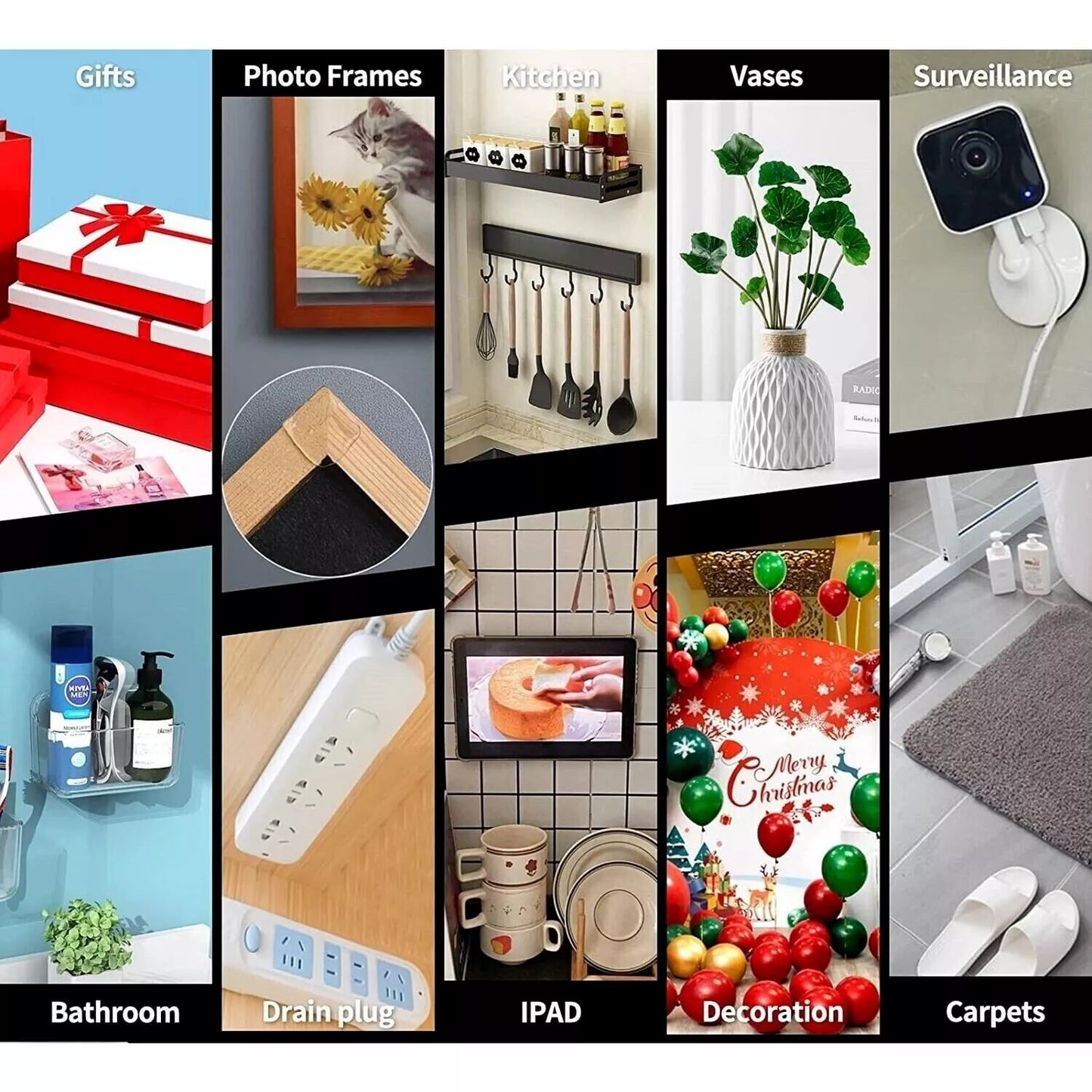 Collage of various products including gifts, photo frames, kitchen utensils, vases, surveillance camera, bathroom items, drain plug, iPad, decoration, and carpets.