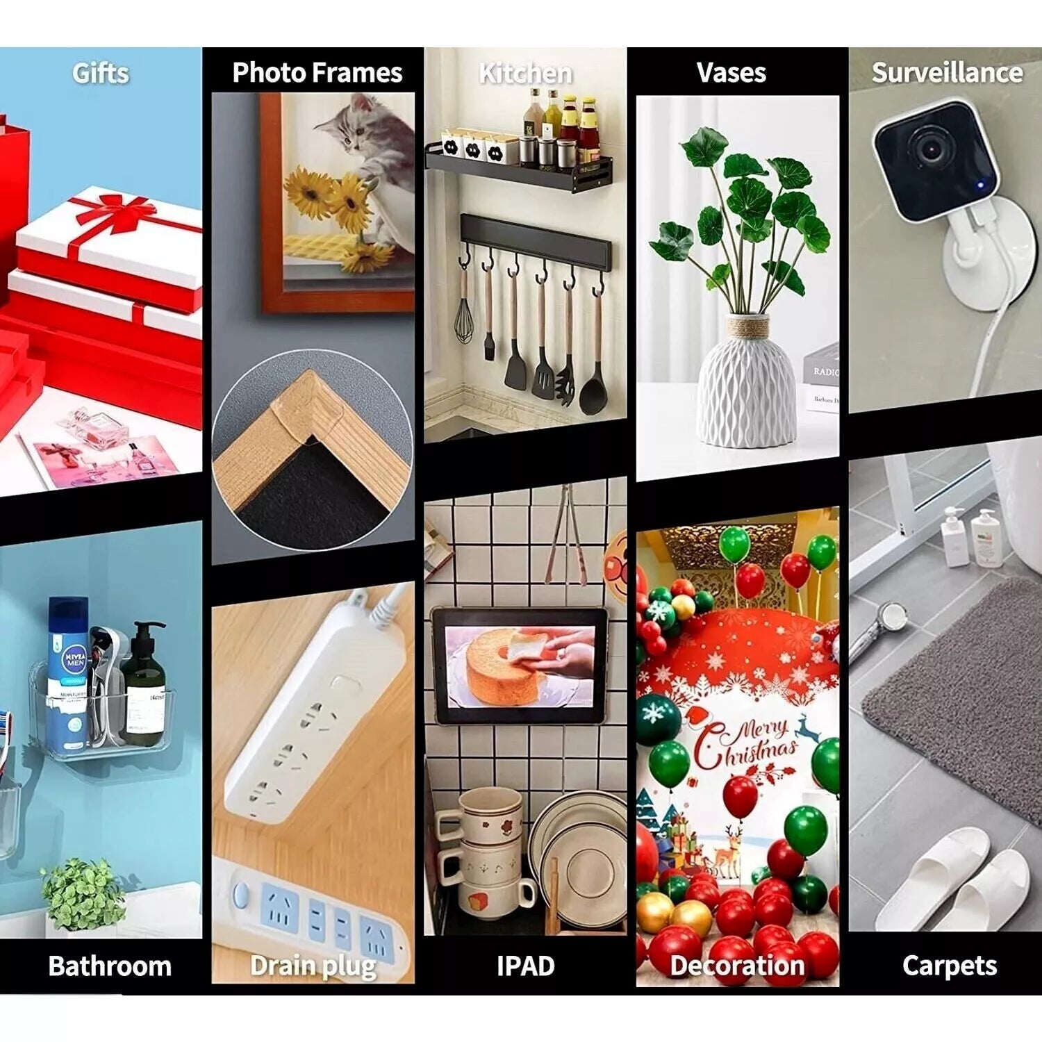 Collage of various products including gifts, photo frames, kitchen utensils, vases, surveillance camera, bathroom items, drain plug, iPad, decoration, and carpets.