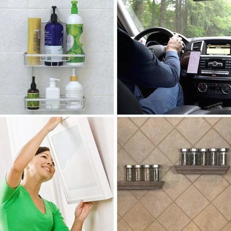 Collage of bathroom shelf, car interior, cabinet door, and kitchen shelf uses.