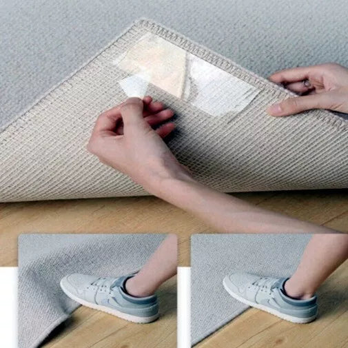 Person applying adhesive patch to a rug, then placing a shoe on the rug to show rug stays in place.