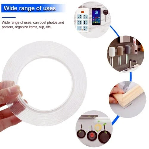 Clear adhesive tape with various uses shown in circular images.