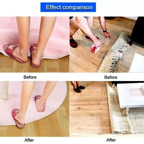 Before and after effect comparison of a transparent mat on a wooden floor.