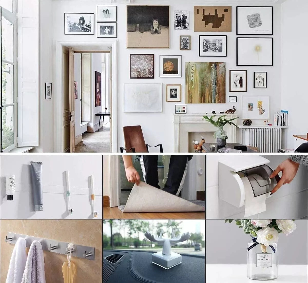 Collage of home organization and decor products in a living room setting.