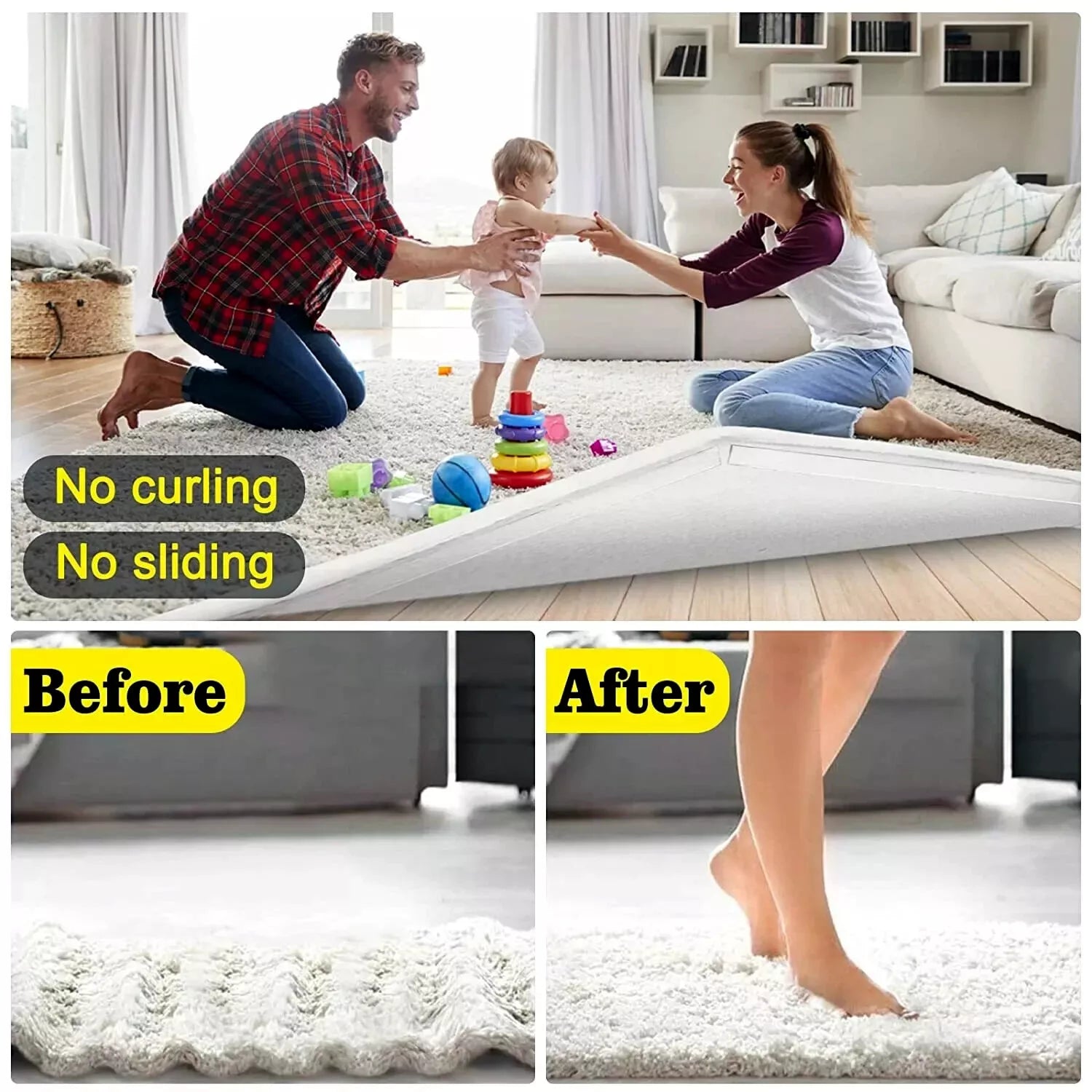 Collage of a family playing in a living room with a rug and before-after nano tape installation comparison.