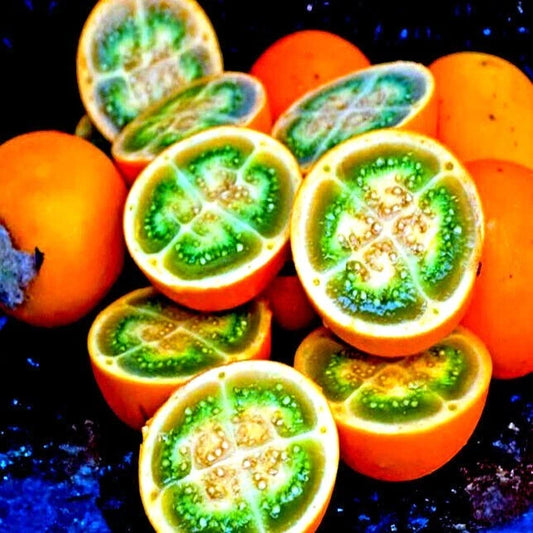 Close-up of sliced naranjilla orange (Solanum quitoense) fruit with a dark background