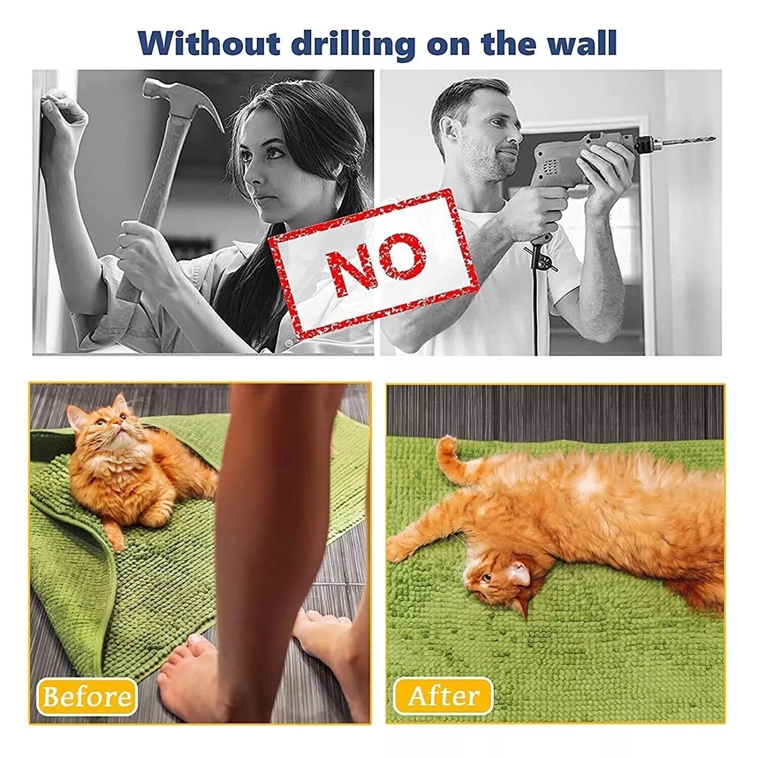 Collage showing Nano tape eliminates the need for nails or screws. nano tape holding a rug in place with a cat rolling on it.