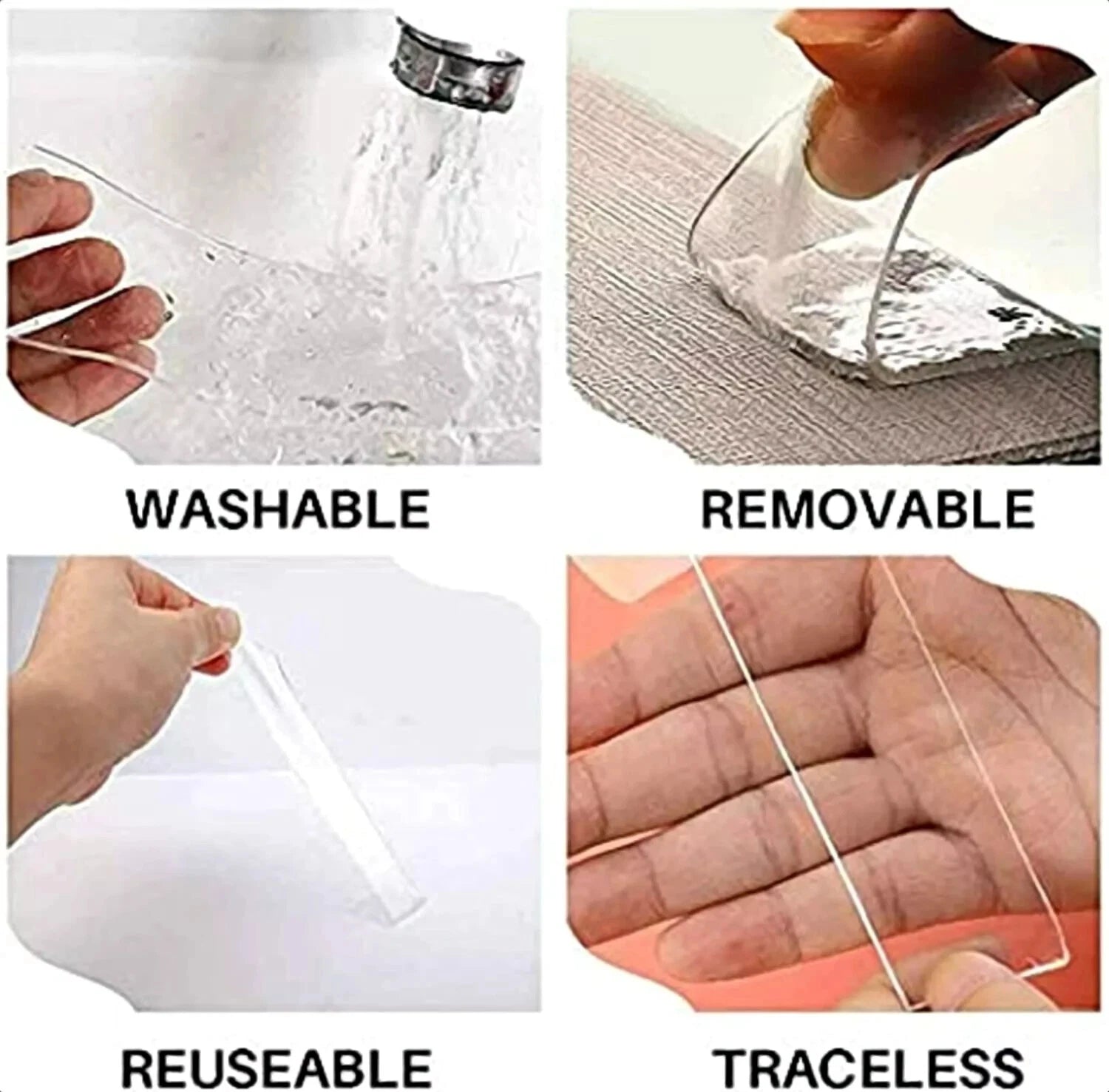 Collage of a transparent adhesive strip being used, washed, removed, and tracedless.