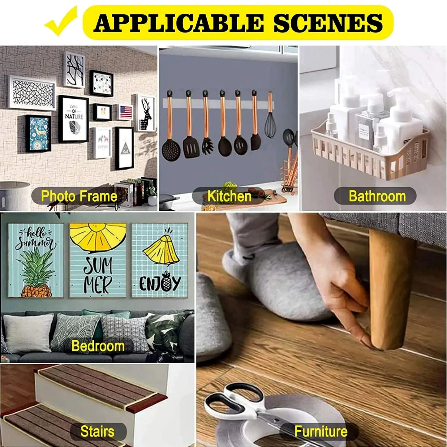 Collage of nano tape uses in various scenes including photo frame, kitchen, bathroom, bedroom, stairs, and furniture.