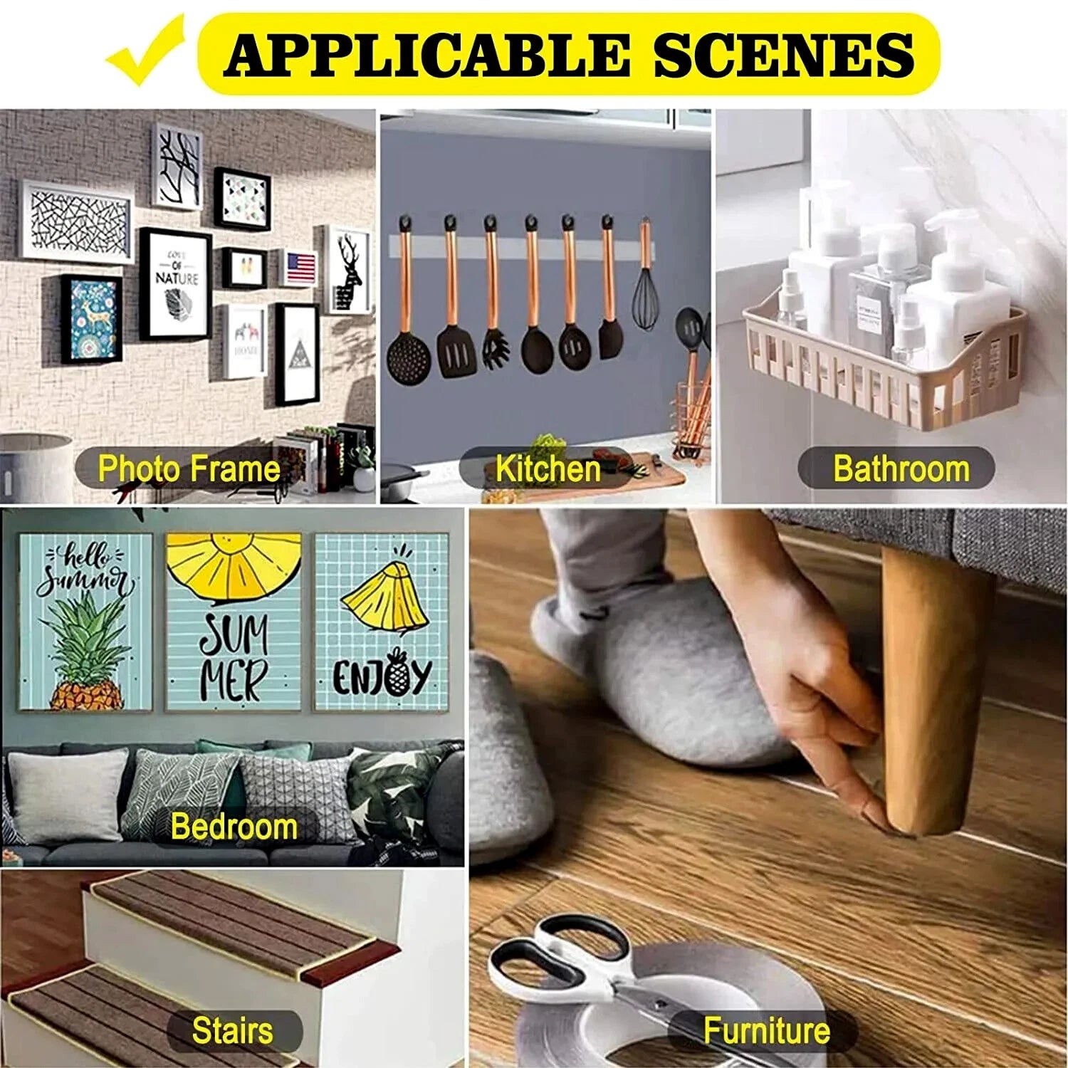 Collage of nano tape uses in various scenes including photo frame, kitchen, bathroom, bedroom, stairs, and furniture.