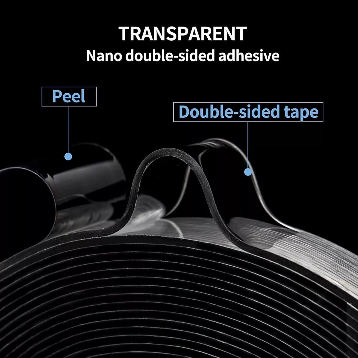 Transparent nano double-sided adhesive with labels on a black background