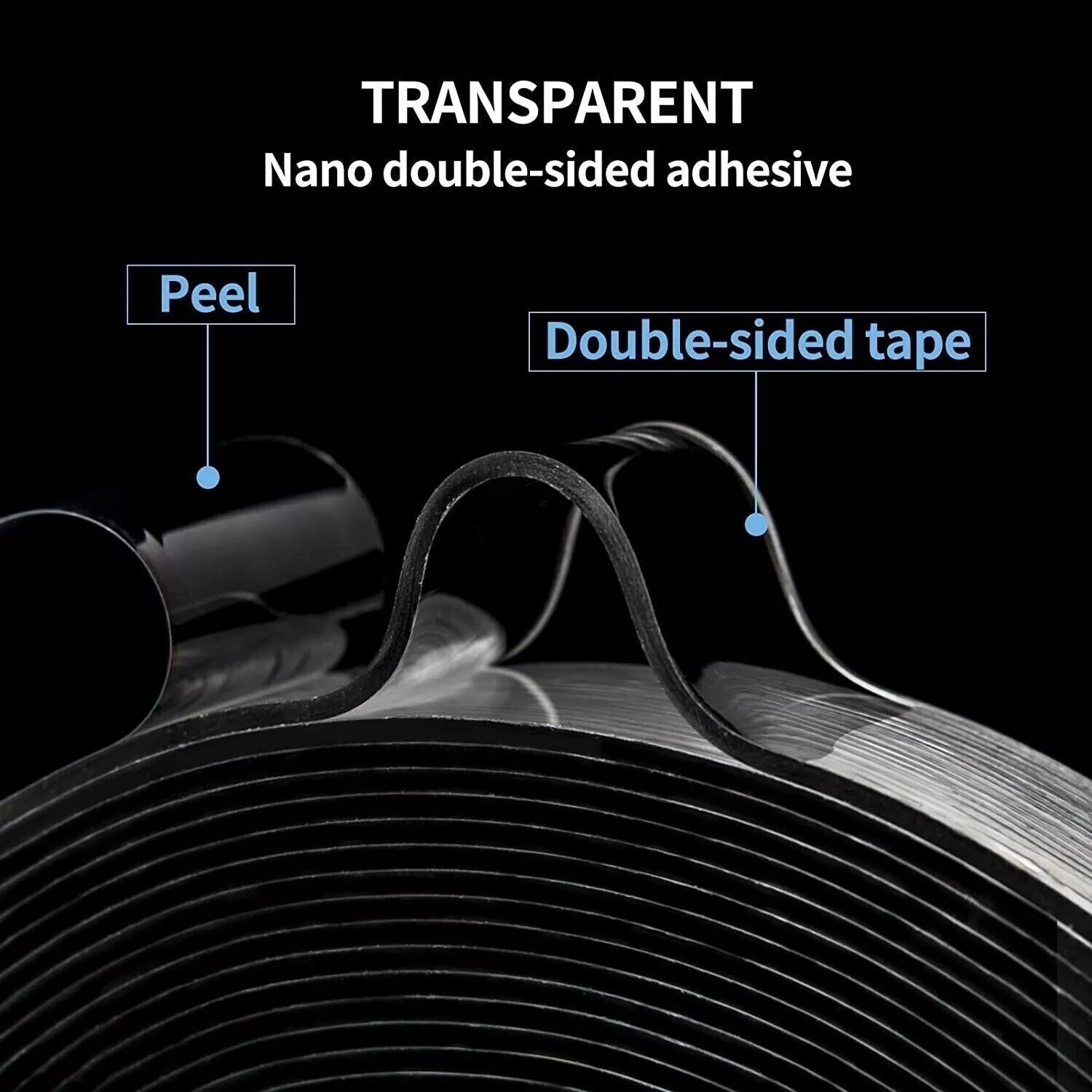 Transparent nano double-sided adhesive with labels on a black background