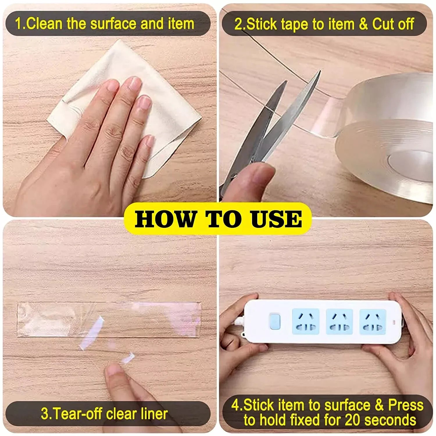 Step-by-step guide on how to use adhesive tape on a wooden surface.