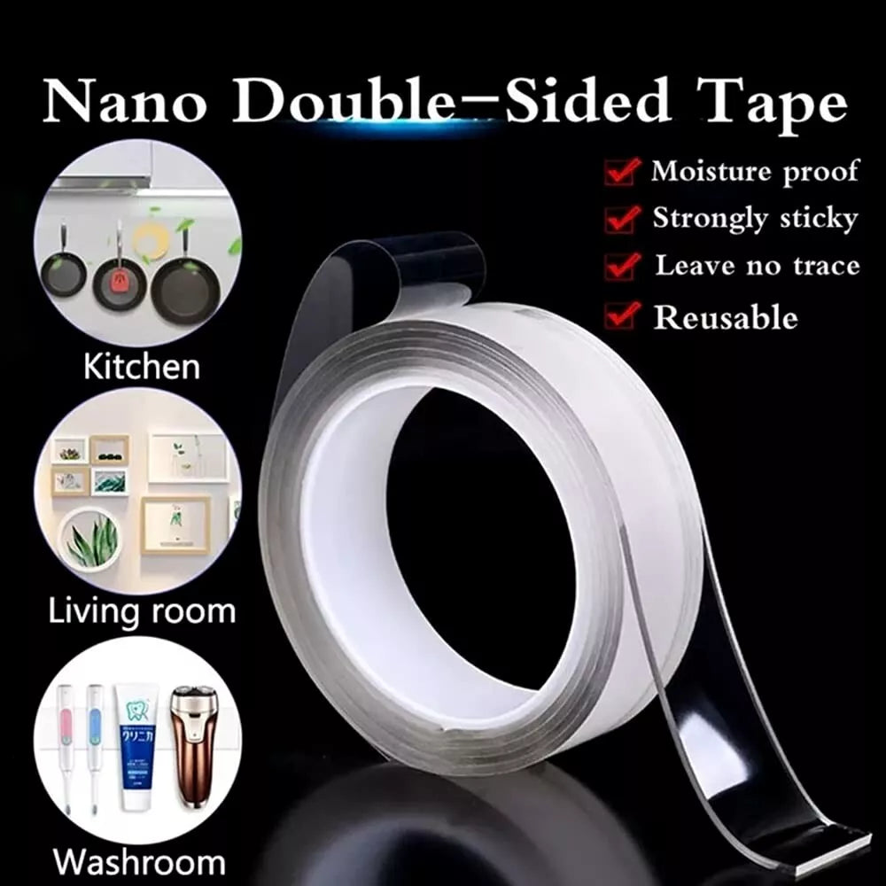 Nano double-sided tape with kitchen, living room, and washroom uses displayed.