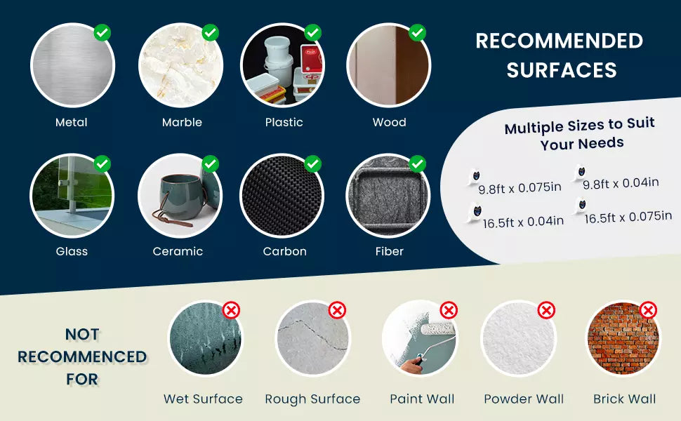 Recommended and not recommended surfaces for a product with size options.