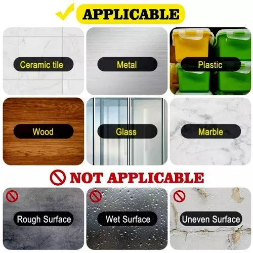 Sticker with surface compatibility details for ceramic tile, metal, plastic, wood, glass, and marble.