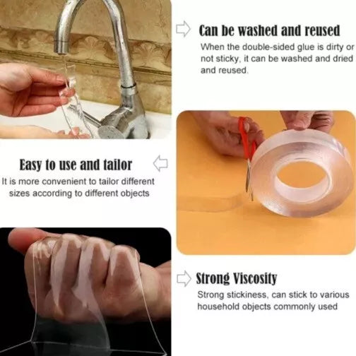 Clear adhesive tape being used and its properties of being washable & reusable highlighted.