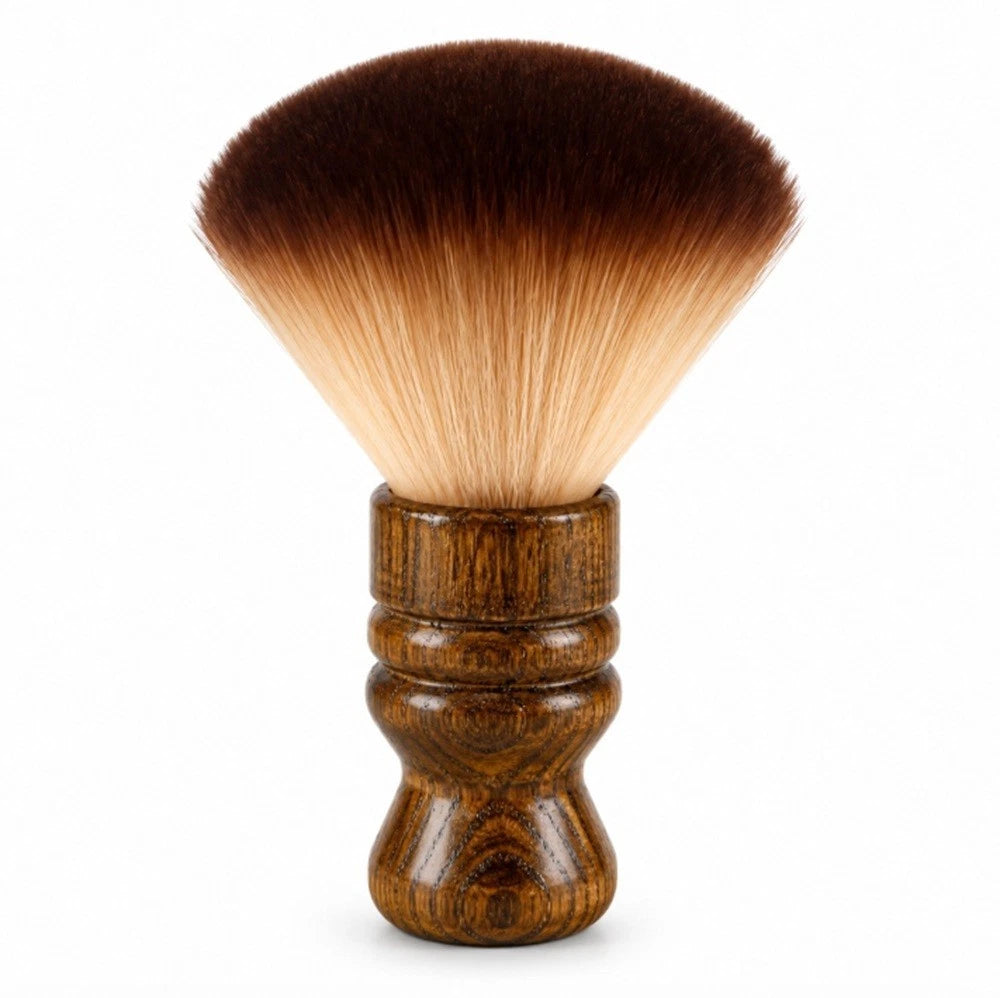 A barber neck dusting and shaving brush with a dark brown wooden handle and a large fan-shaped bristle head that transitions from dark brown at the tips to light beige at the base, shown on a plain white background.
