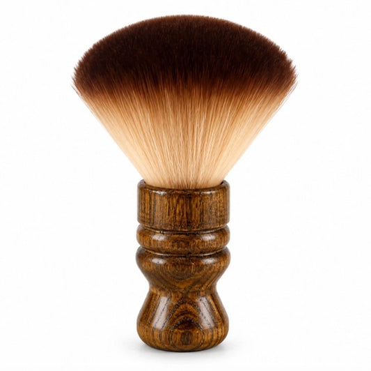 A barber neck dusting and shaving brush with a dark brown wooden handle and a large fan-shaped bristle head that transitions from dark brown at the tips to light beige at the base, shown on a plain white background.