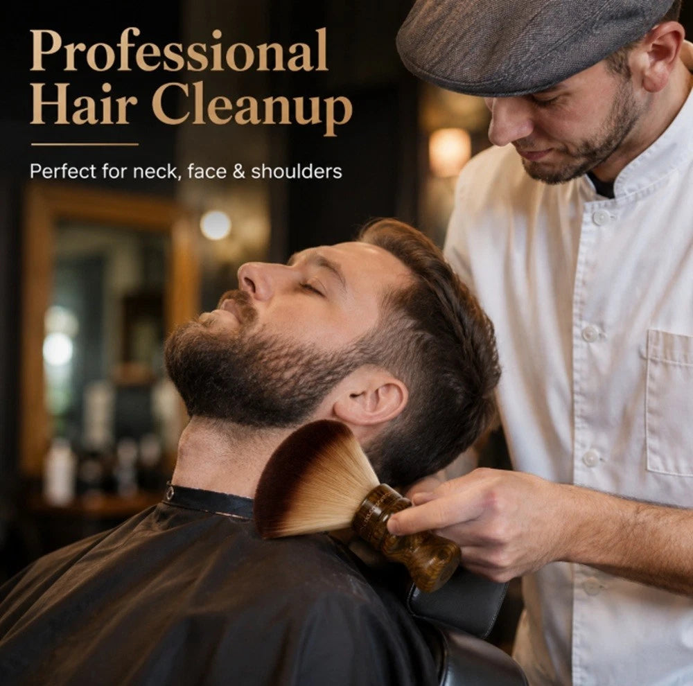 A man in a barber-style chair while another man applies hair cleansing product with a brush to his neck, face, and shoulders. Text on the image reads 'Professional Hair Cleanup' and 'Perfect for neck, face & shoulders'.