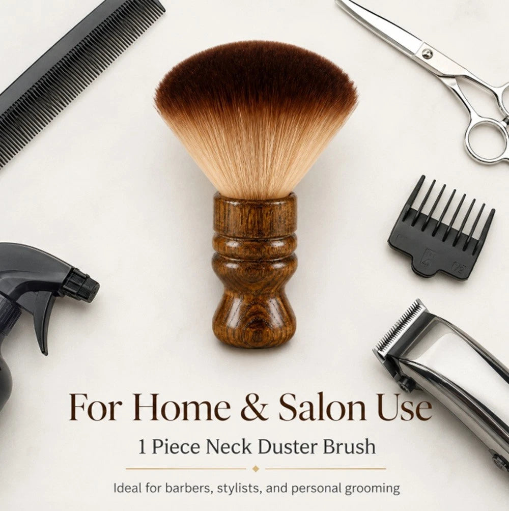 A single-piece neck duster brush with a brown wooden handle and brown-to-cream bristles, arranged on a light background with grooming tools like a comb, scissors, clipper, and spray bottle. Text at the bottom reads 'For Home & Salon Use' and '1 Piece Neck Duster Brush'.