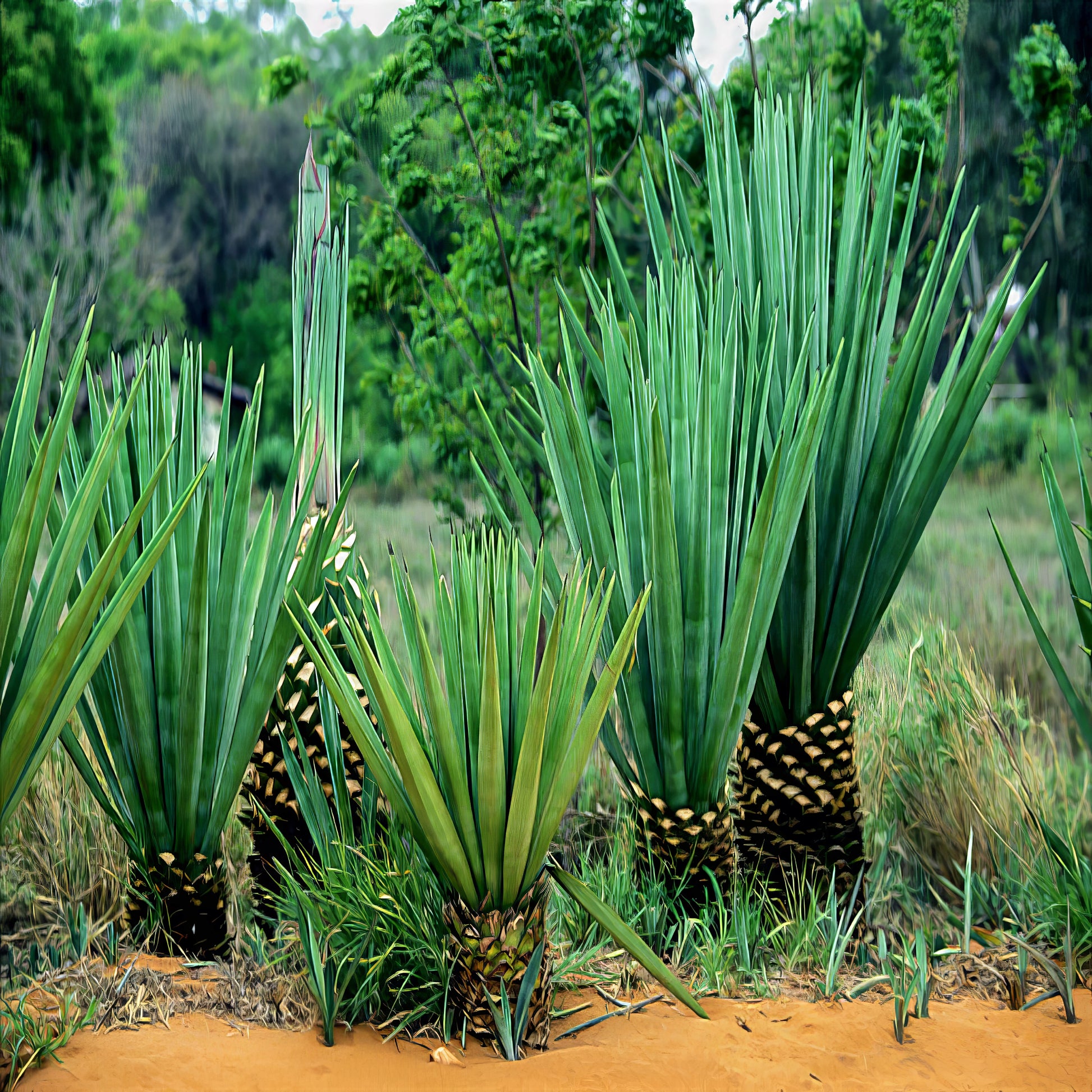 Agave sisalana growing in a natural setting with green foliage in the background
