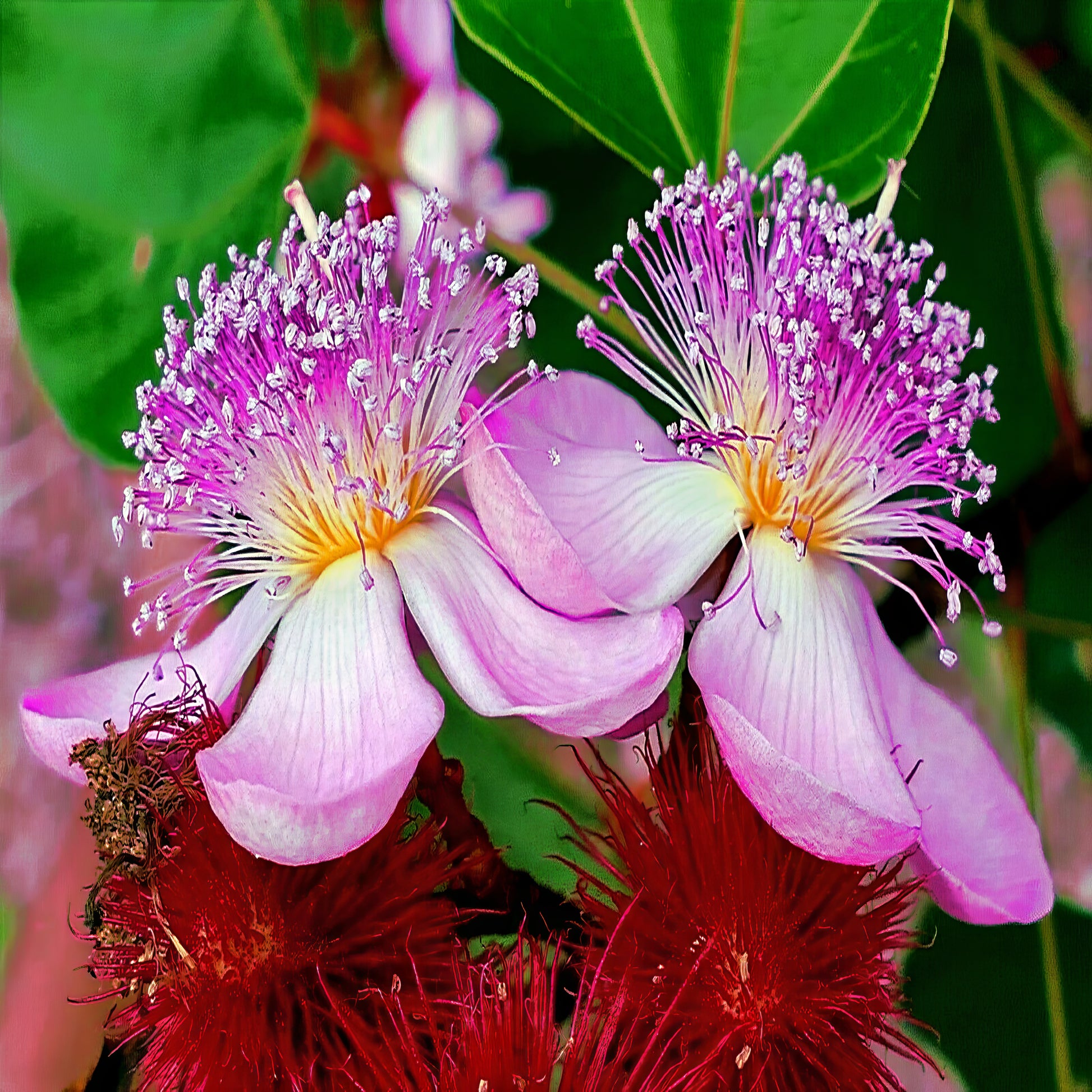 Close-up of pink Annatto lipstick tree flowers with a red center against a green leaf background. (Bixa orellana)