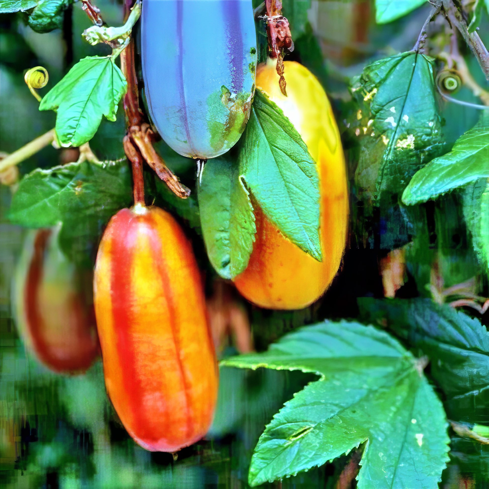 Yellow and red striped Banana passionfruit hanging from passion vine with green leaves. (Passiflora mollissima)