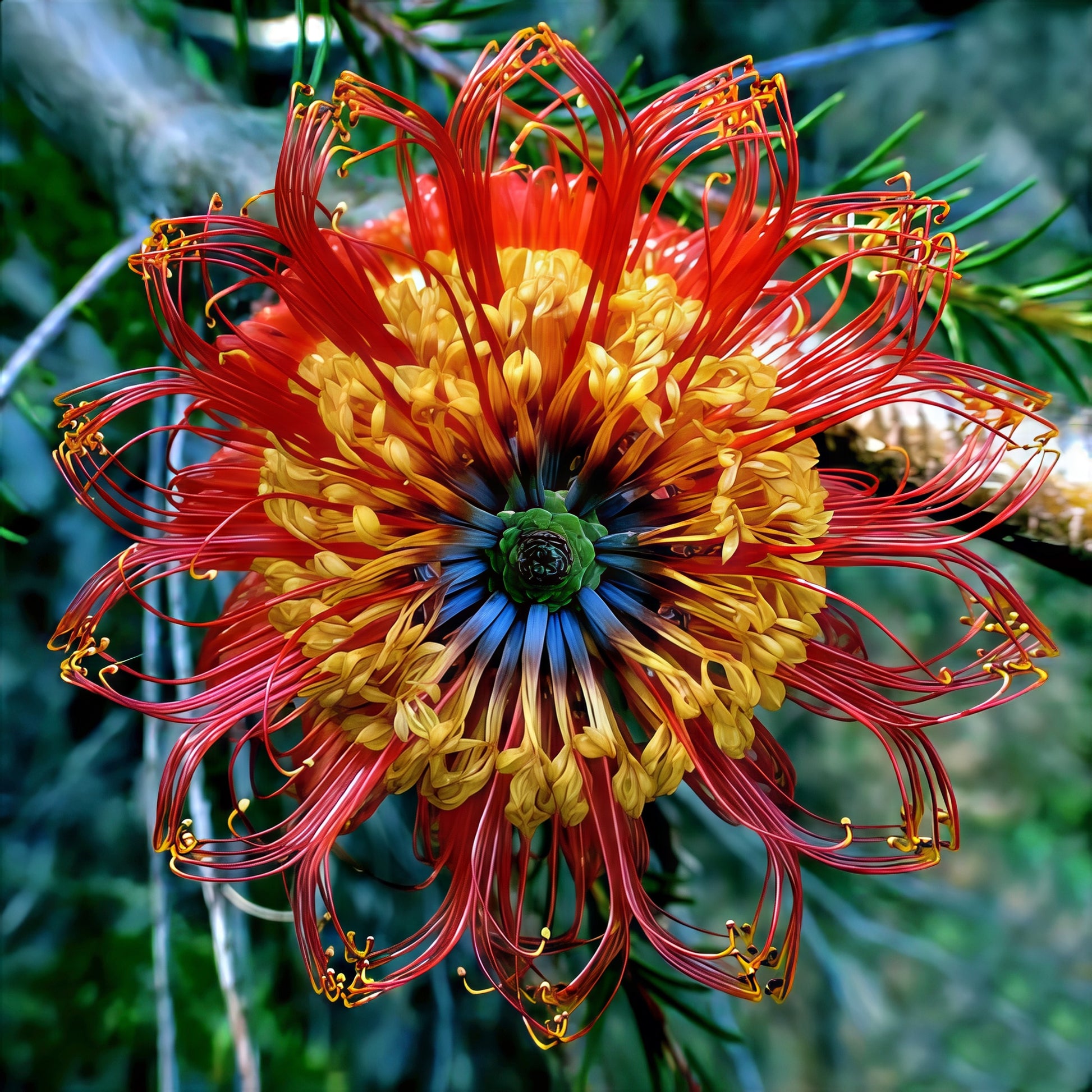 Colorful Little Eric Banksia erictifolia flower-like sculpture with red, yellow, and blue petals against a green background